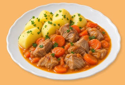 vepřové kostky s mrkví, vařené brambory
